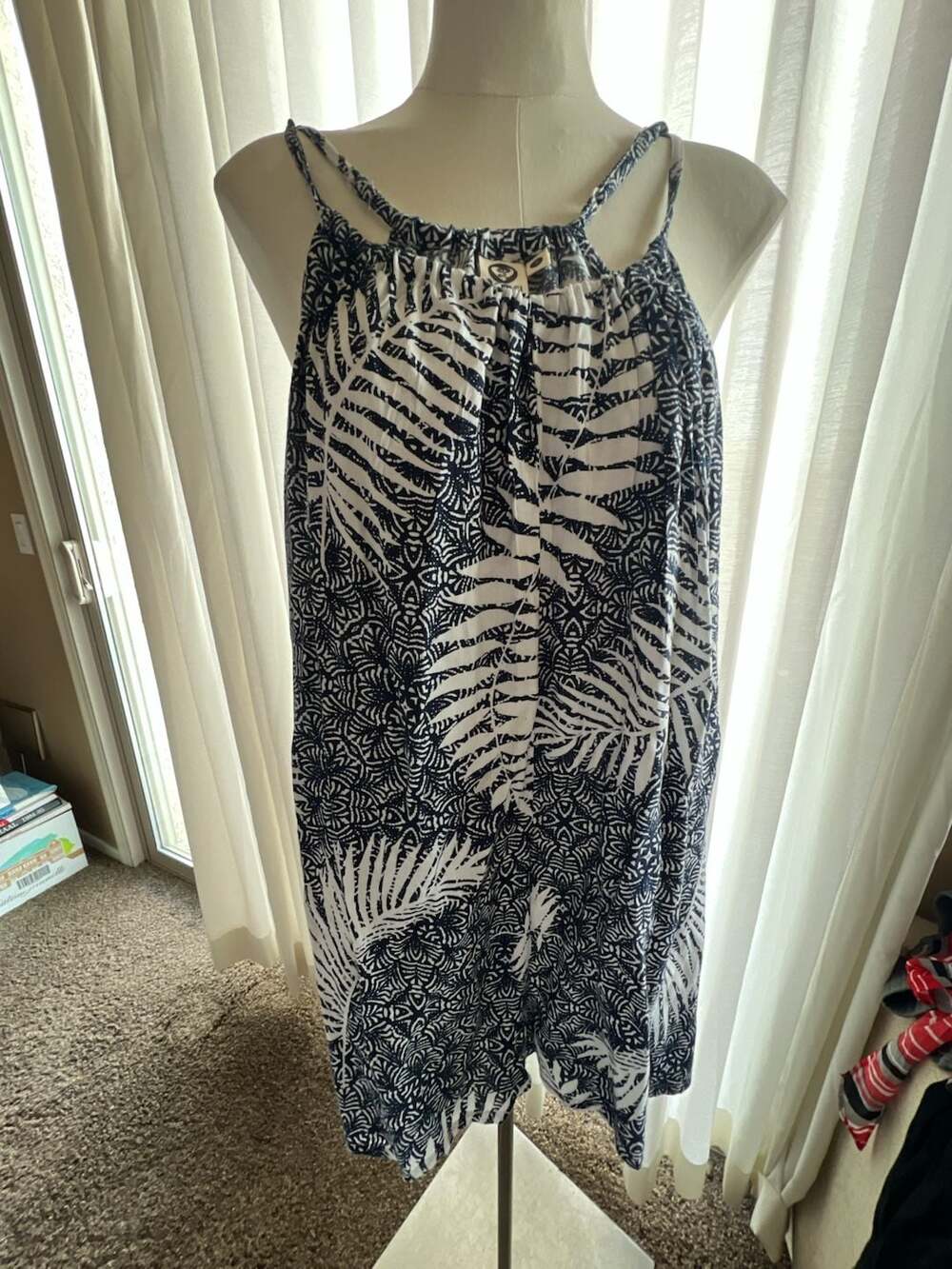 Lagaci Blue and White Palm Print Sleeveless Romper